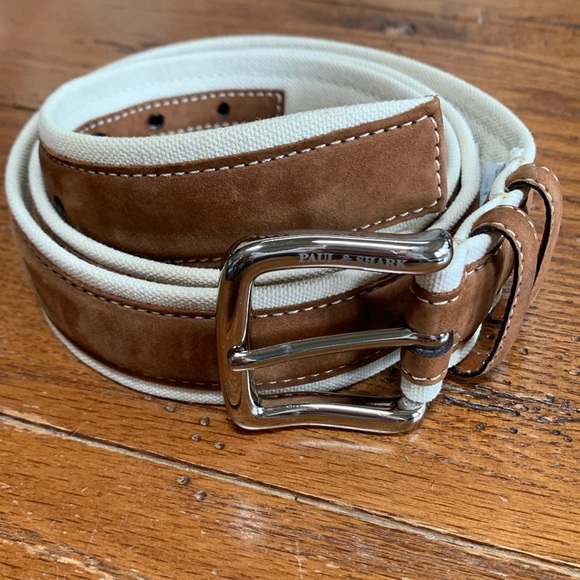 Paul & Shark Other - Paul & Shark Ivory Cotton and Brown Leather Belt Men’s Brass Silver Buckle 42